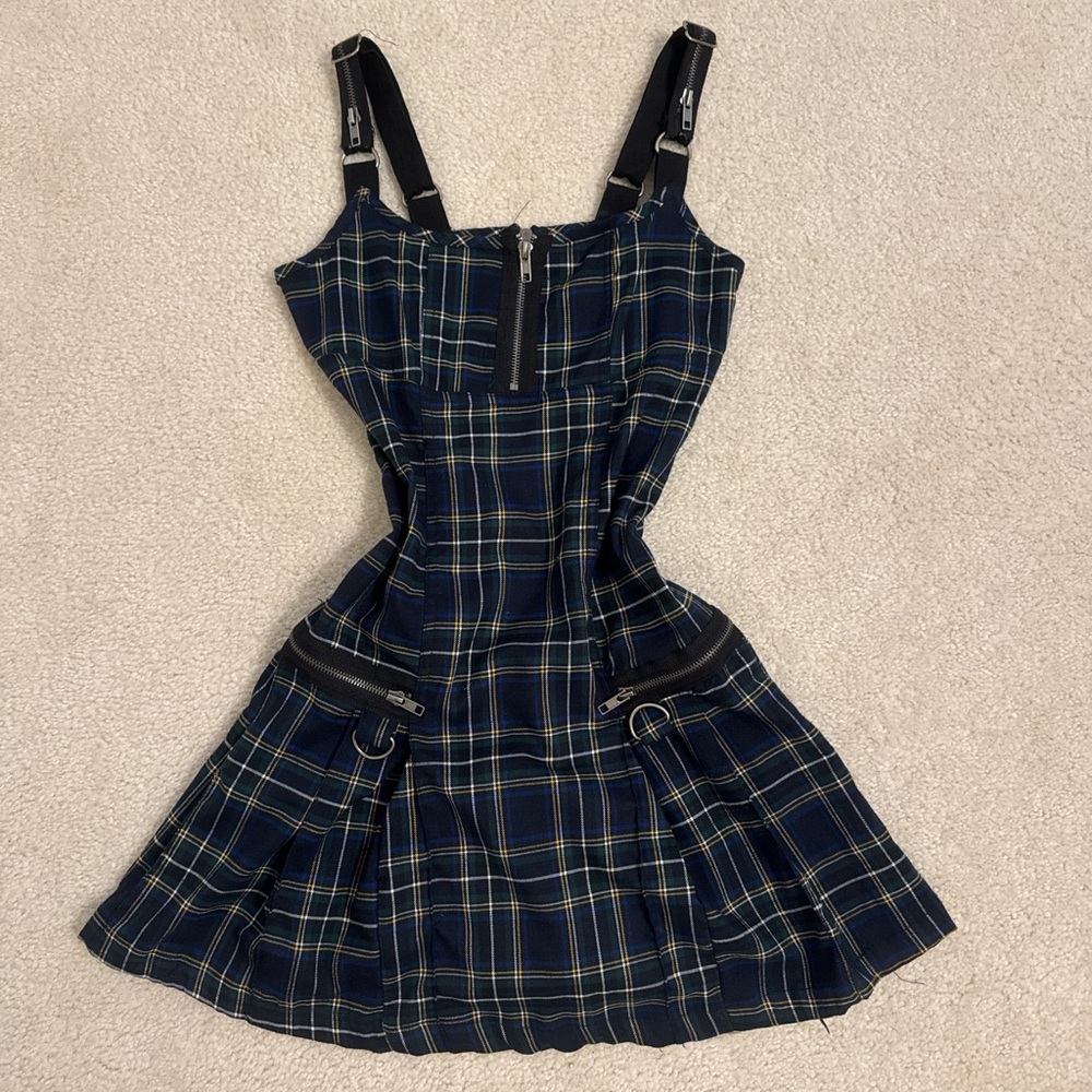 Current Mood Blue and Green Plaid Zip-Front Mini Dress